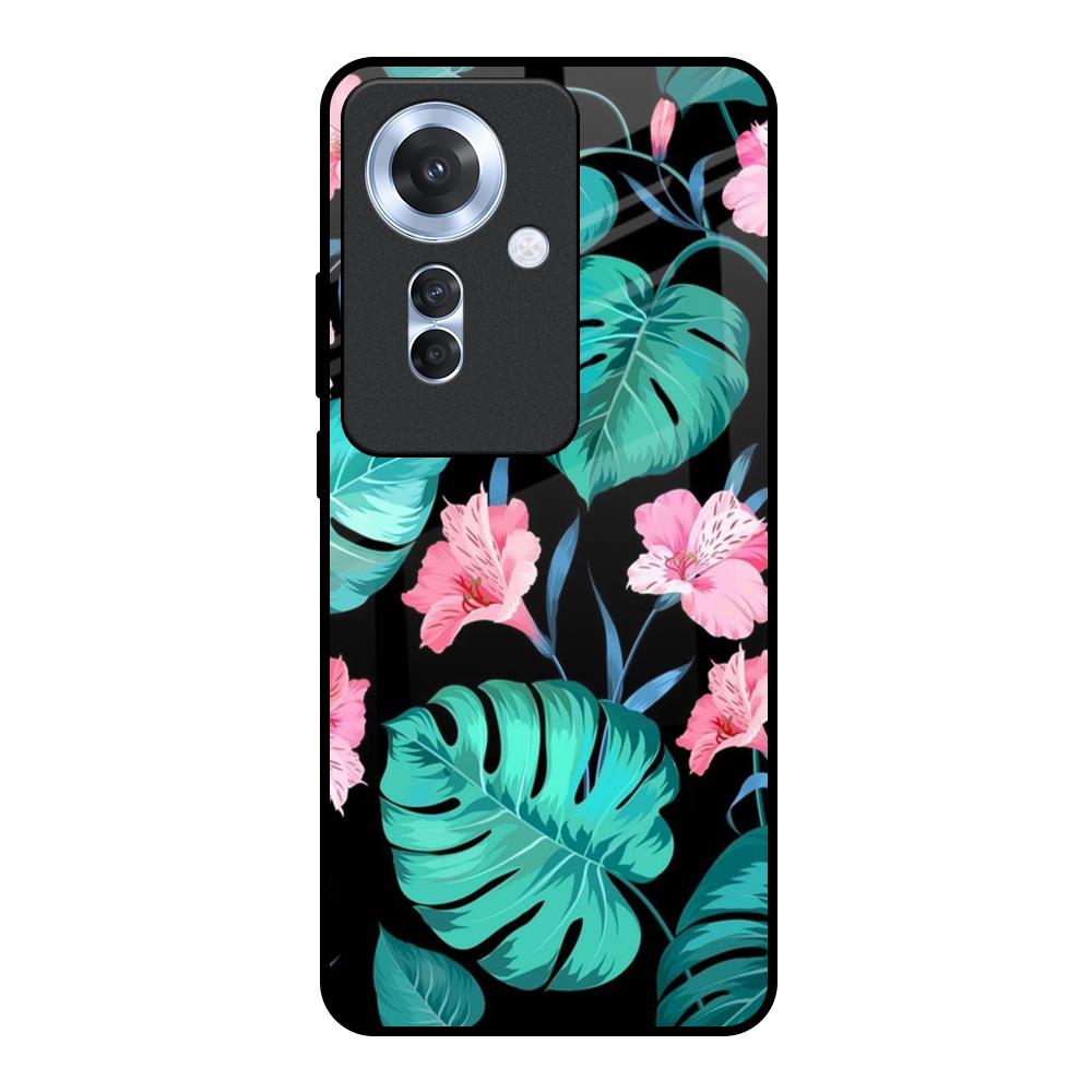 Tropical Leaves & Pink Flowers Oppo F25 Pro 5G Glass Back Cover Online