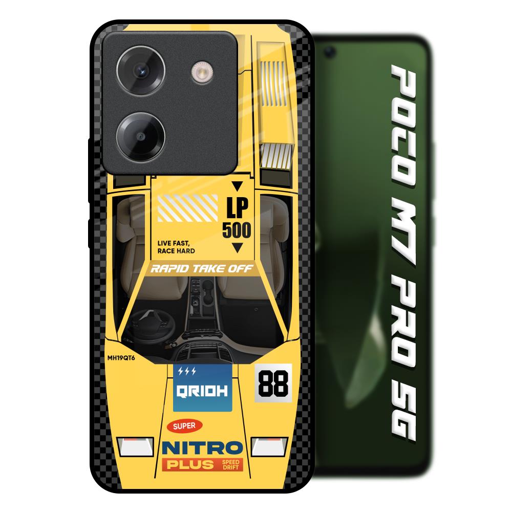 Yellow Racing Car Poco M7 Pro 5G Glass Back Cover Online