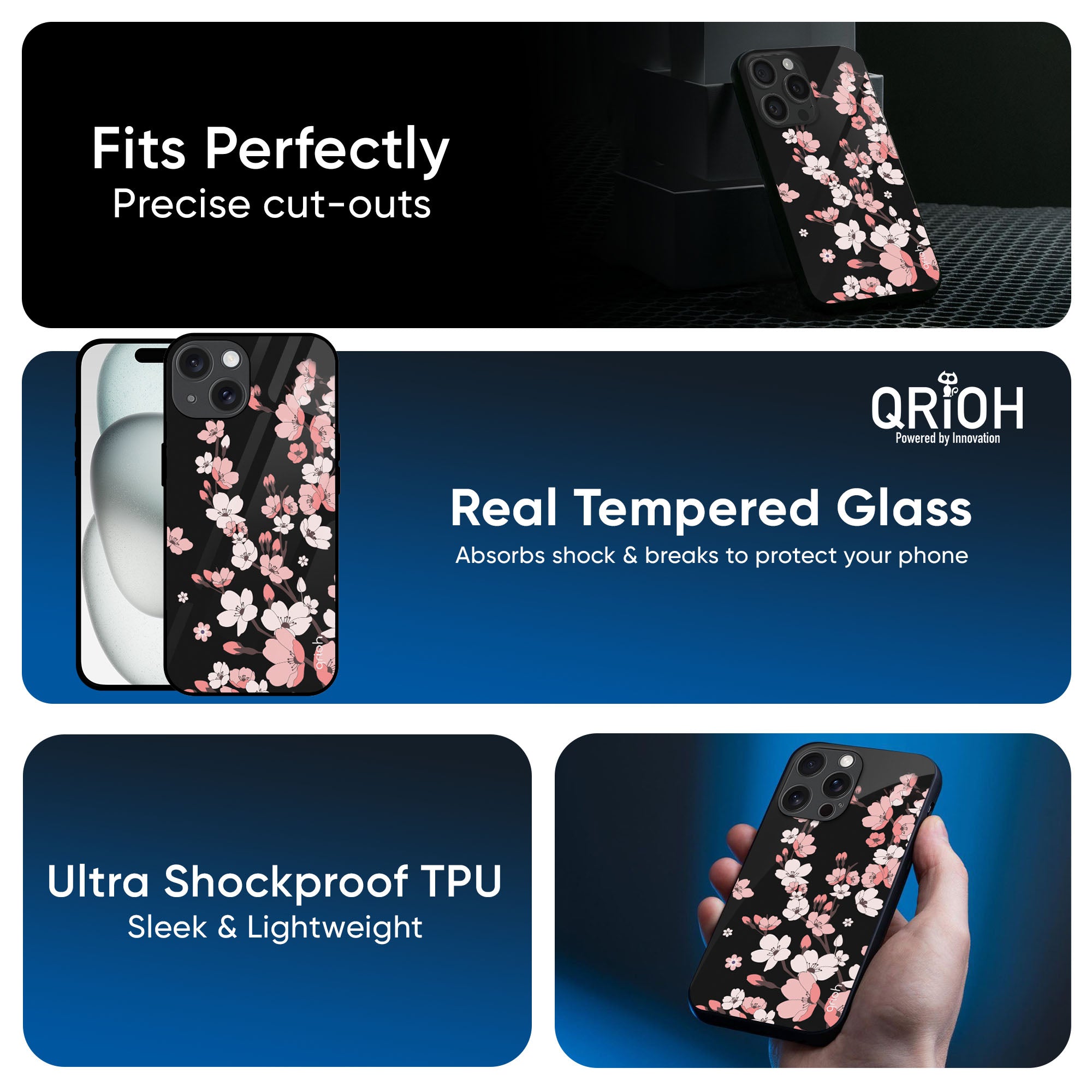 Black Cherry Blossom Glass Case for iPhone 16 Pro Max