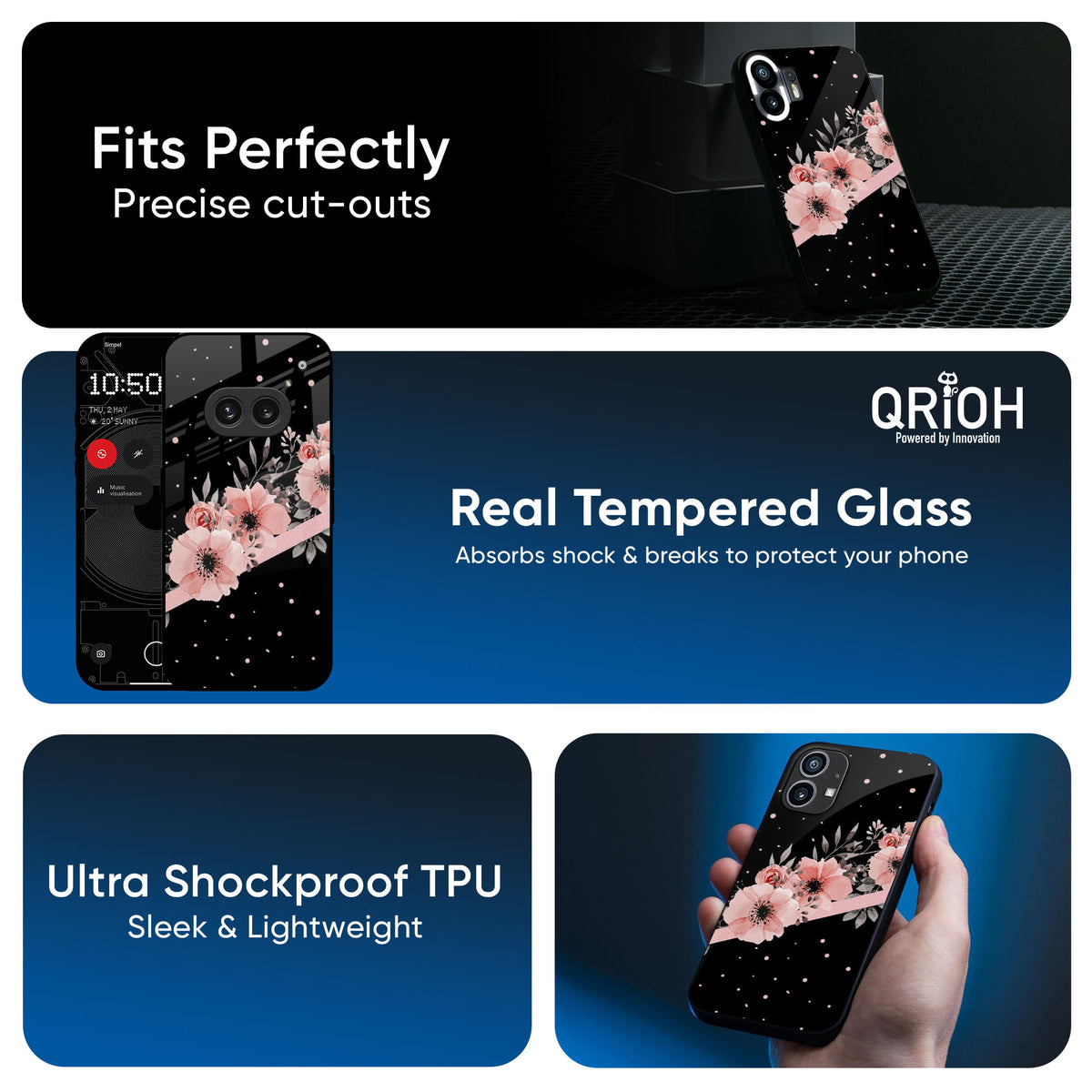 Floral Black Band Glass Case For Nothing CMF Phone 1