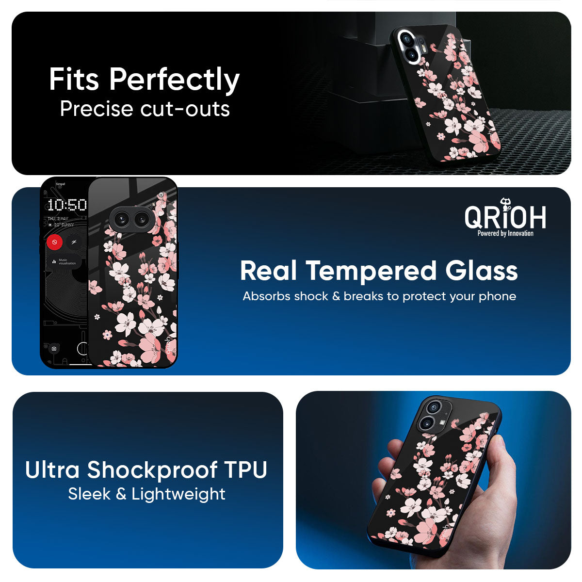 Black Cherry Blossom Glass Case for Nothing Phone 3a Pro