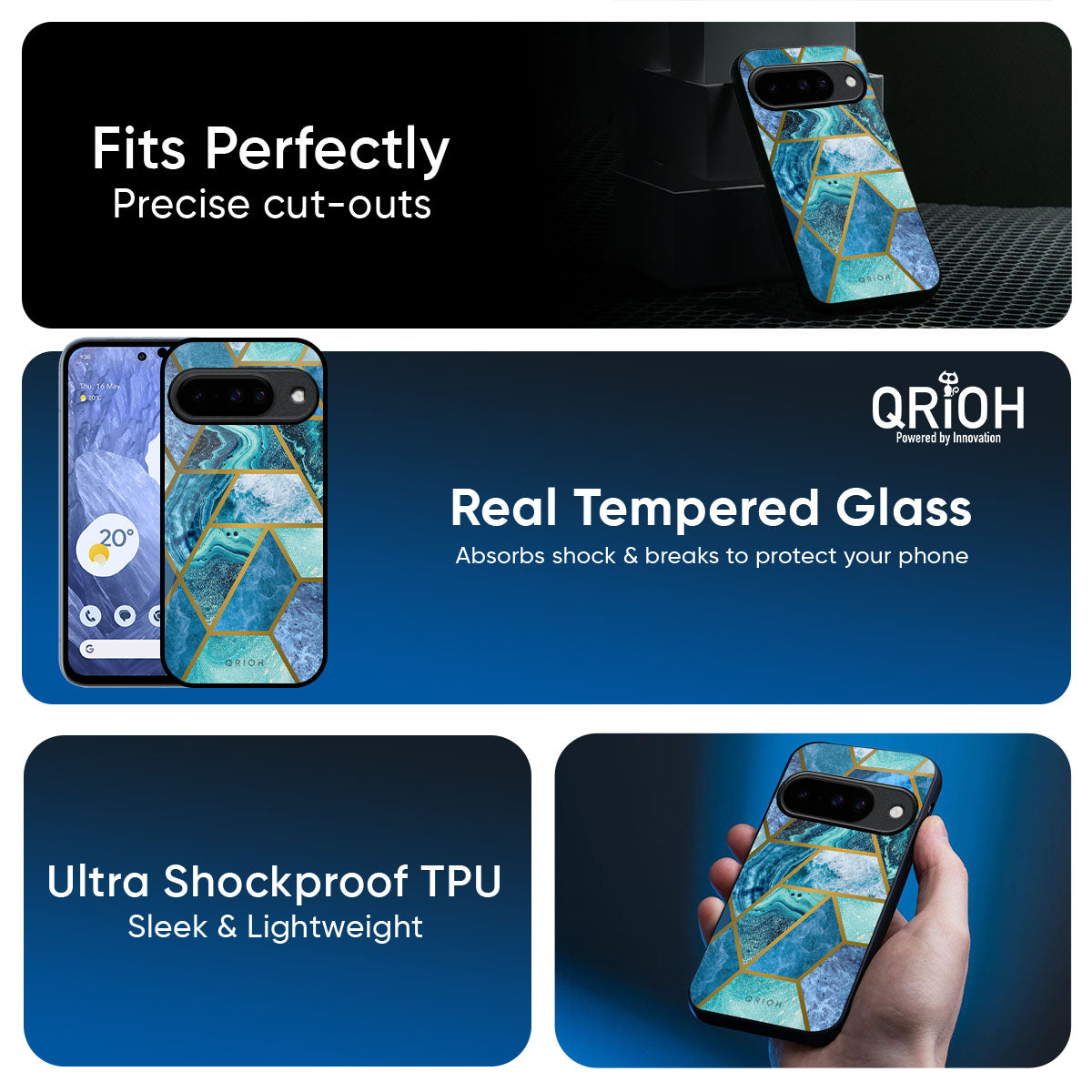 Turquoise Geometrical Marble Glass Case for Google Pixel 10 Pro XL 5G