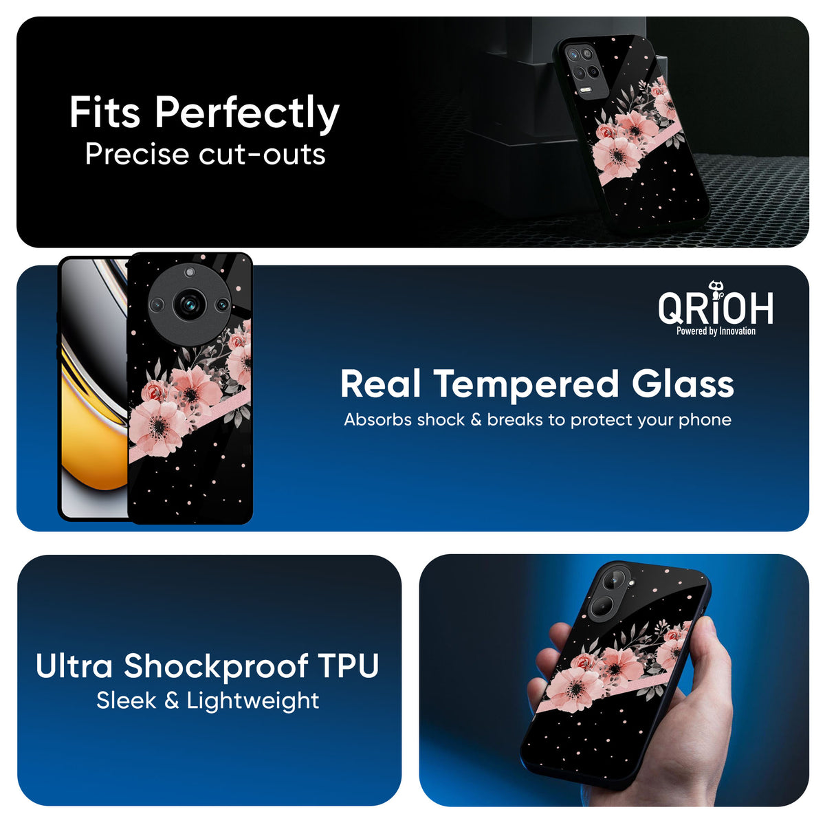 Floral Black Band Glass Case For Realme 13 5G