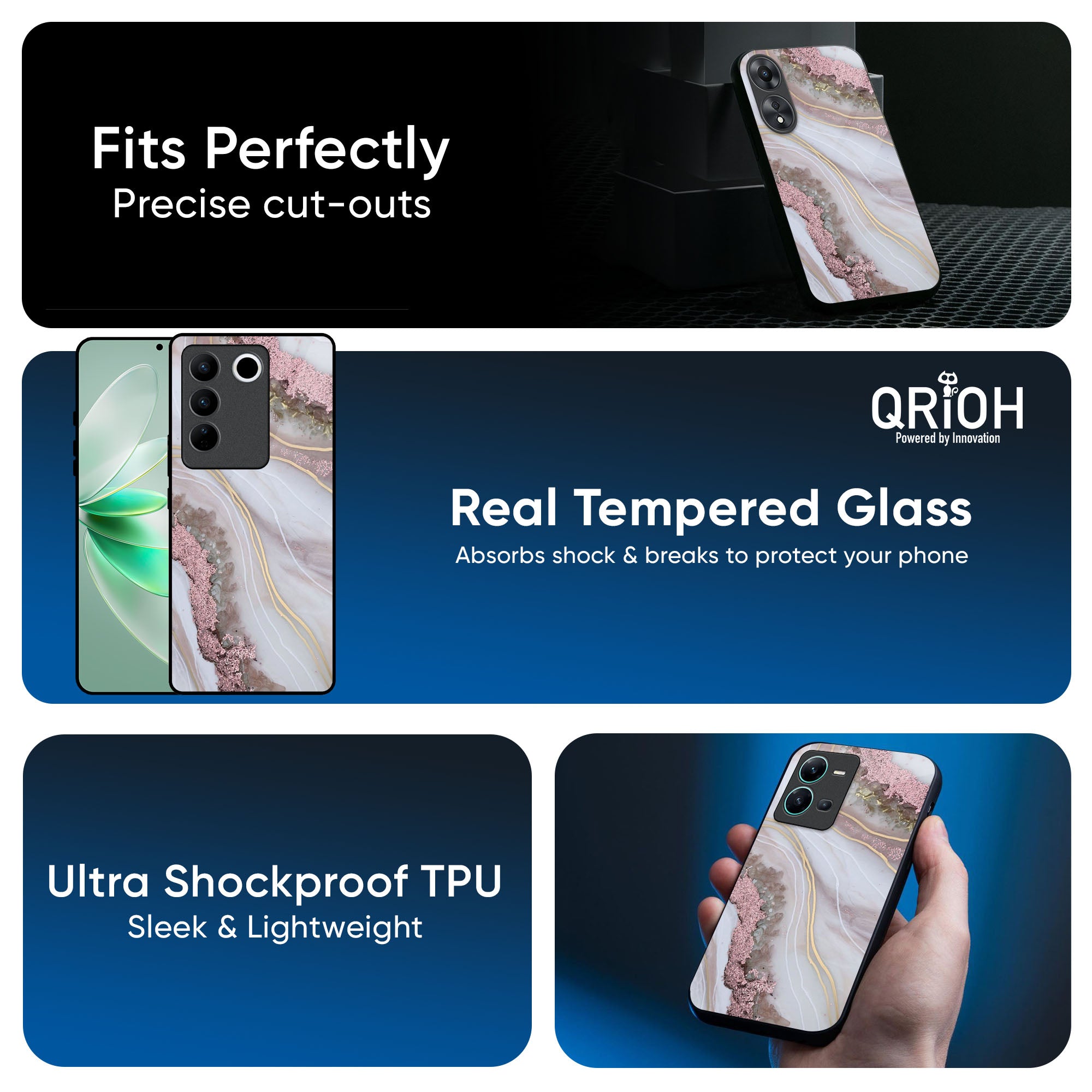 Pink & Gold Gllitter Marble Glass Case for IQOO Z9s Pro 5G