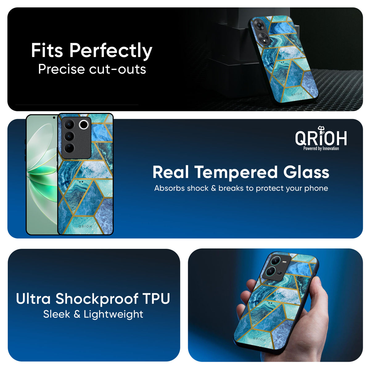 Turquoise Geometrical Marble Glass Case for Vivo X200 5G