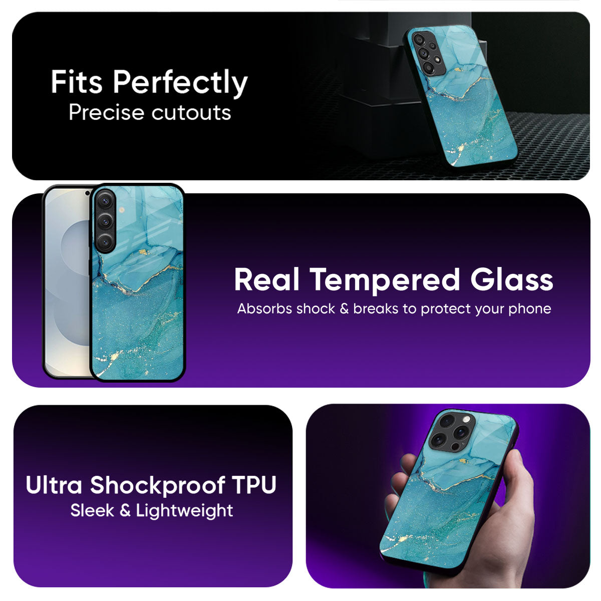 Blue Golden Glitter Glass Case