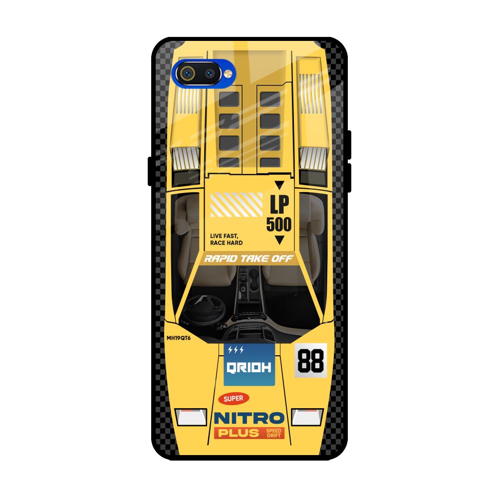 Yellow Racing Car Realme C2 Glass Back Cover Online