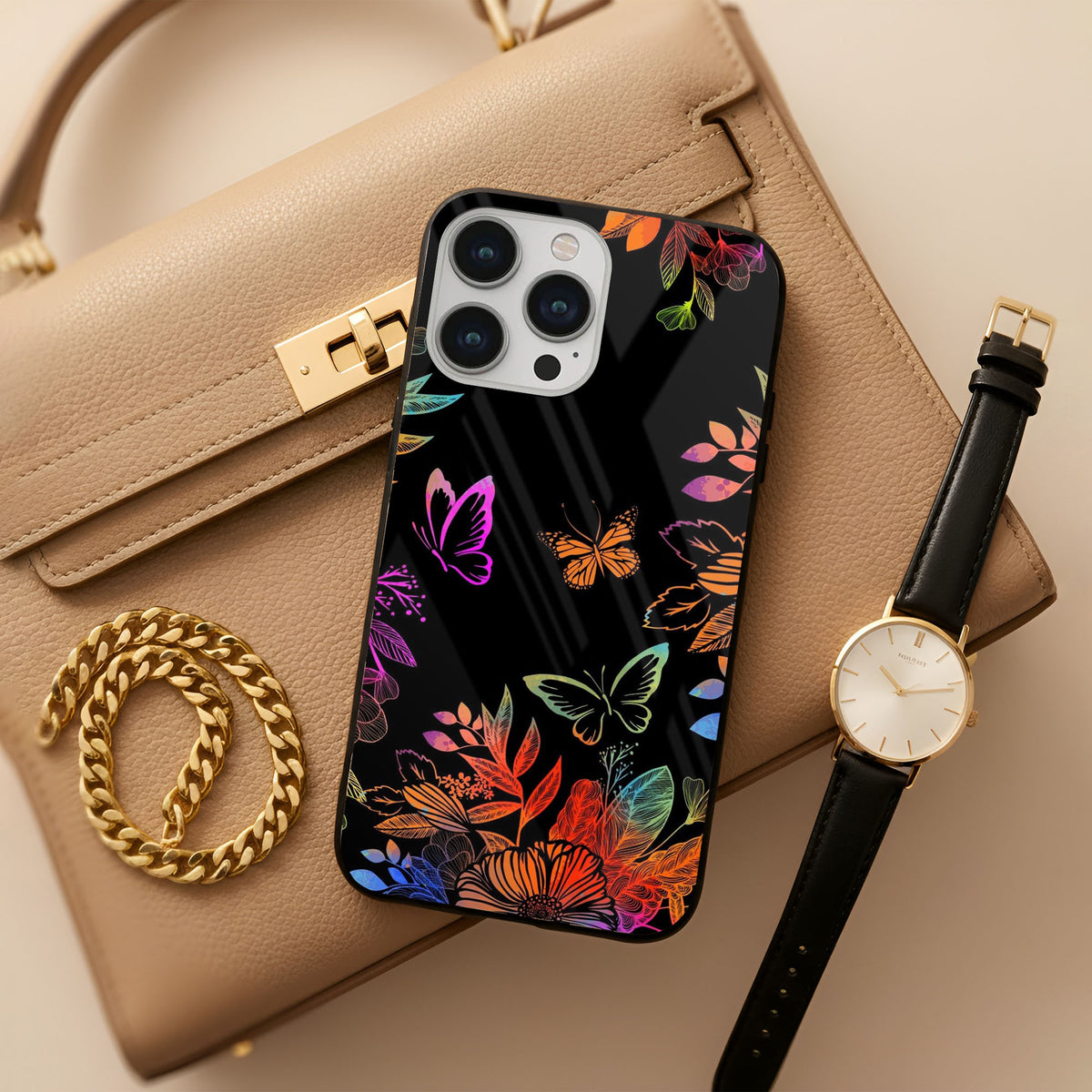 Rainbow Butterfly Metallic Glass Case