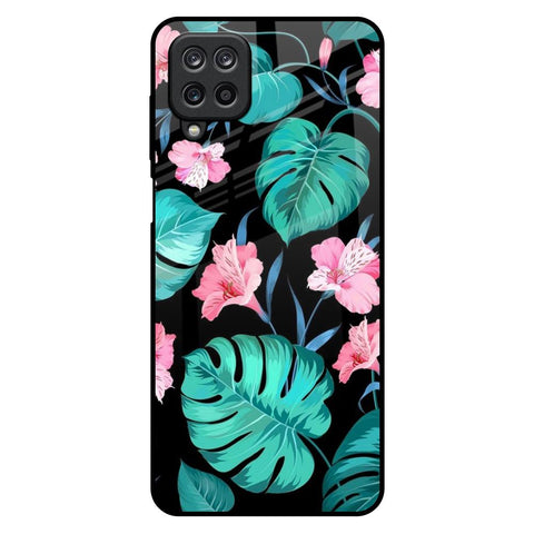 Tropical Leaves & Pink Flowers Samsung Galaxy M12 Glass Back Cover Online