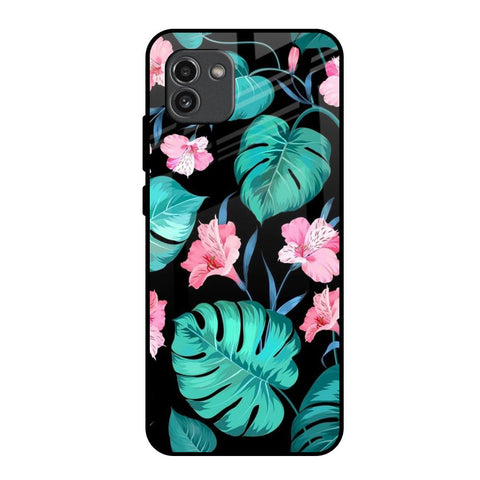 Tropical Leaves & Pink Flowers Samsung Galaxy A03 Glass Back Cover Online