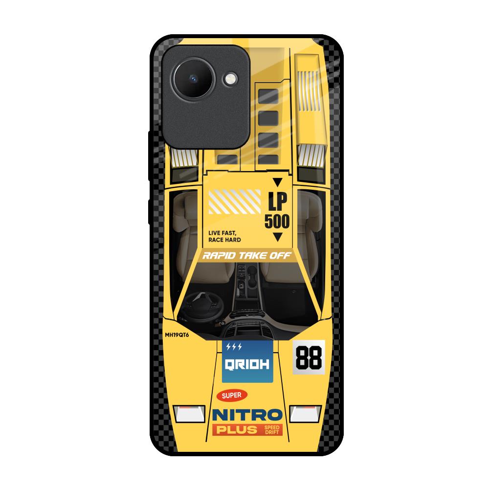 Yellow Racing Car Realme C30 Glass Back Cover Online