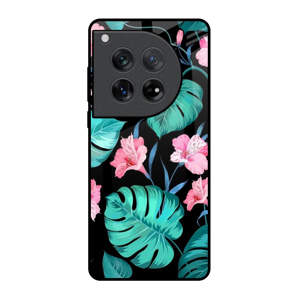 Tropical Leaves & Pink Flowers Oneplus 12 Glass Back Cover Online