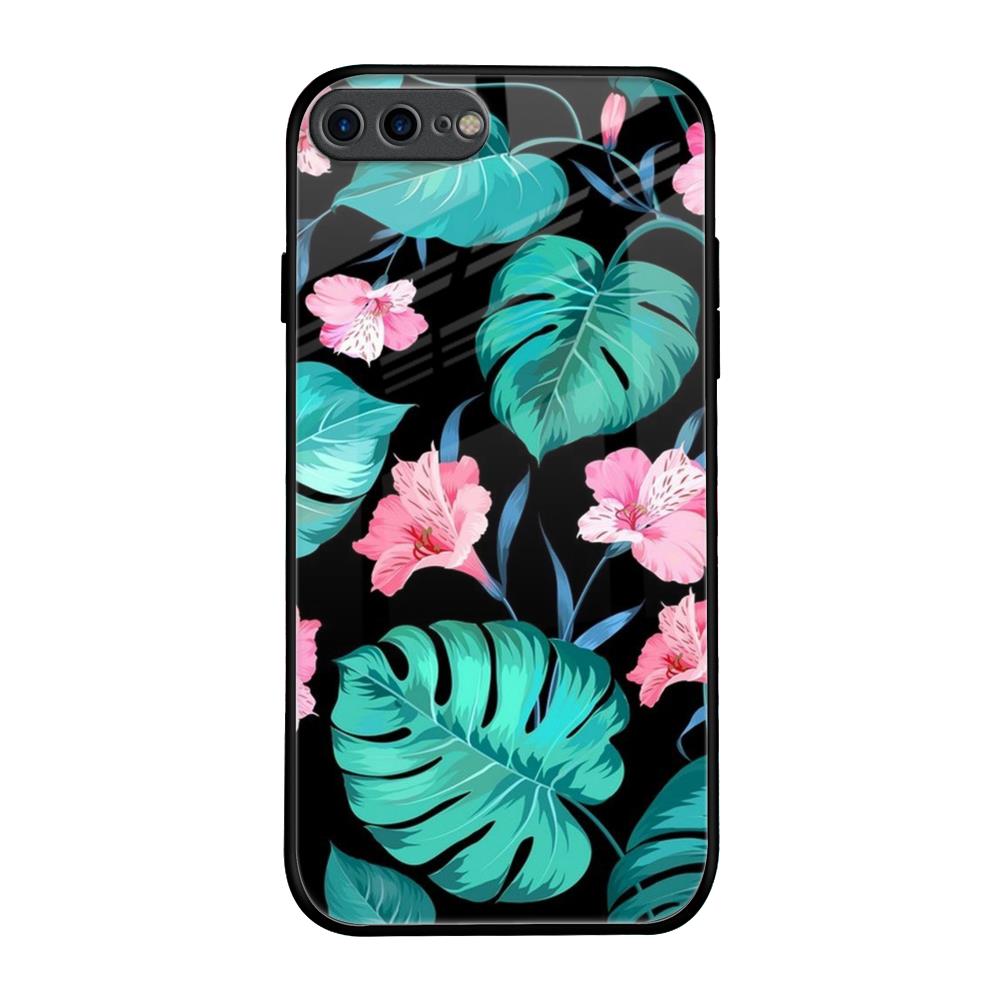 Tropical Leaves & Pink Flowers iPhone 8 Plus Glass Back Cover Online