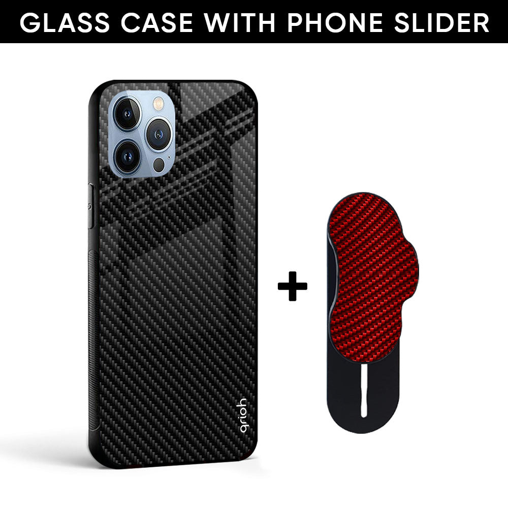 Carbon Fibre Texture Glass case with Slider Phone Grip Combo
