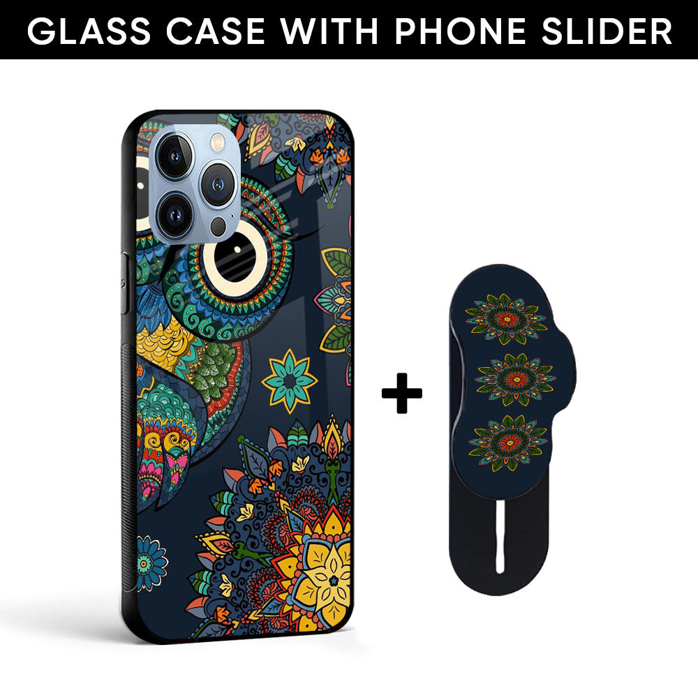 Owl Art Glass case with Slider Phone Grip Combo