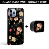 Black Floral Glass case with Square Phone Grip Combo