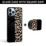 Leopard Pattern Glass case with Square Phone Grip Combo