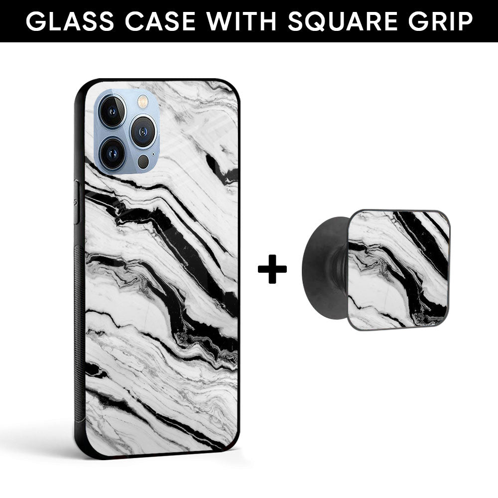 White Texture Marble Glass case with Square Phone Grip Combo