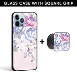 Elegant Flower Glass case with Square Phone Grip Combo