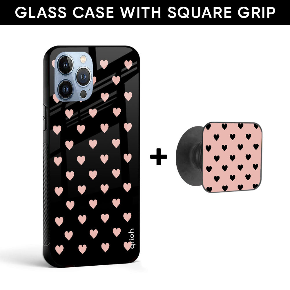 Heart Pattern Glass case with Square Phone Grip Combo