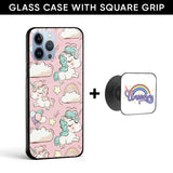 Balloon Unicorn Glass case with Square Phone Grip Combo