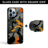 Camouflage Orange Glass case with Square Phone Grip Combo