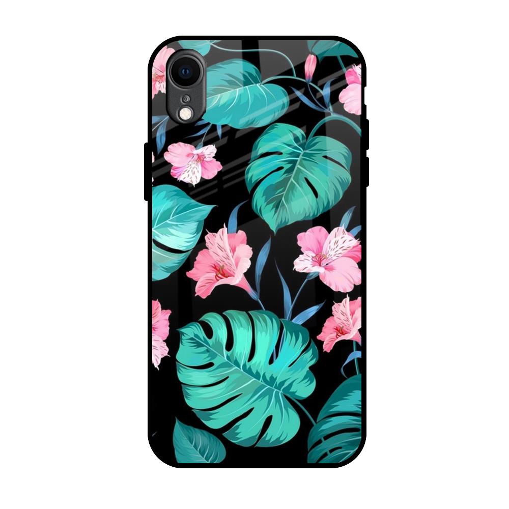 Tropical Leaves & Pink Flowers iPhone XR Glass Back Cover Online