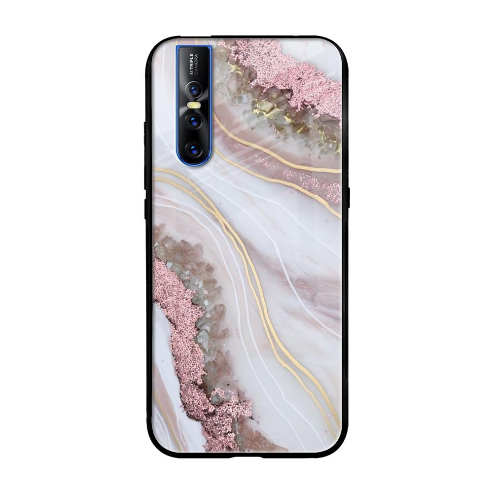 Pink & Gold Gllitter Marble Vivo V15 Pro Glass Back Cover Online