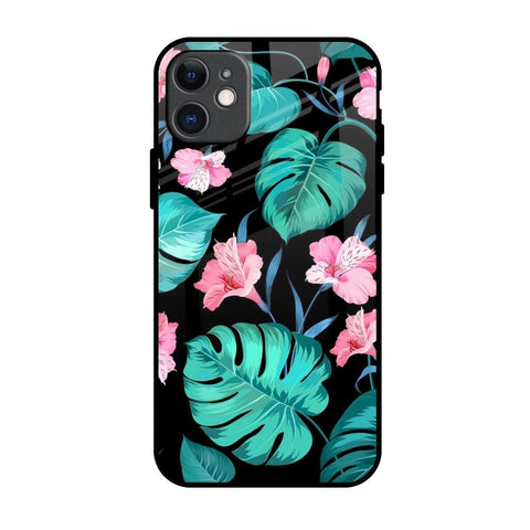 Tropical Leaves & Pink Flowers iPhone 11 Glass Back Cover Online