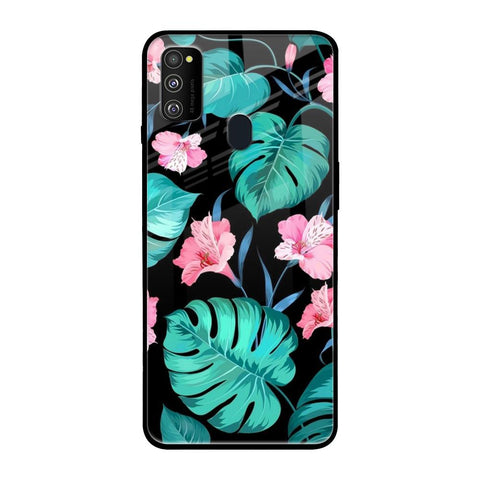 Tropical Leaves & Pink Flowers Samsung Galaxy M30s Glass Back Cover Online