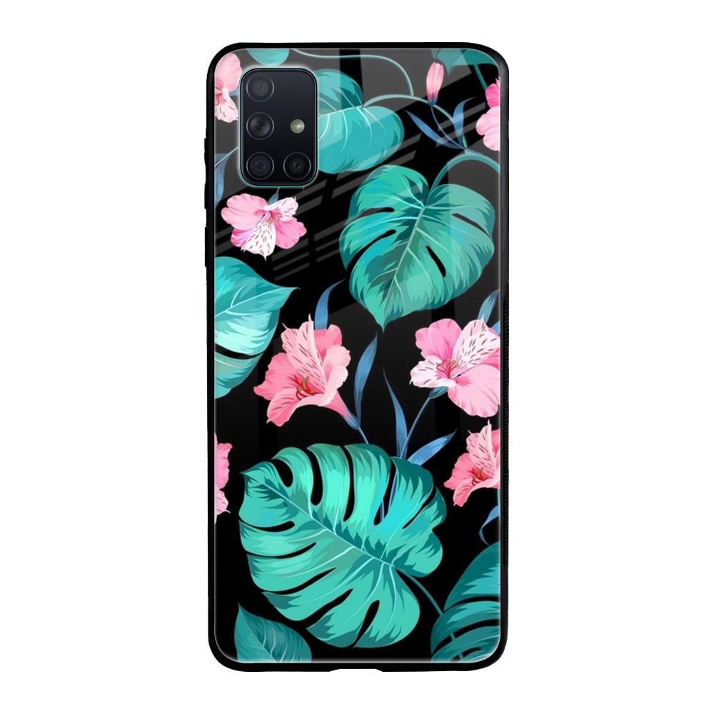 Tropical Leaves & Pink Flowers Samsung Galaxy A51 Glass Back Cover Online