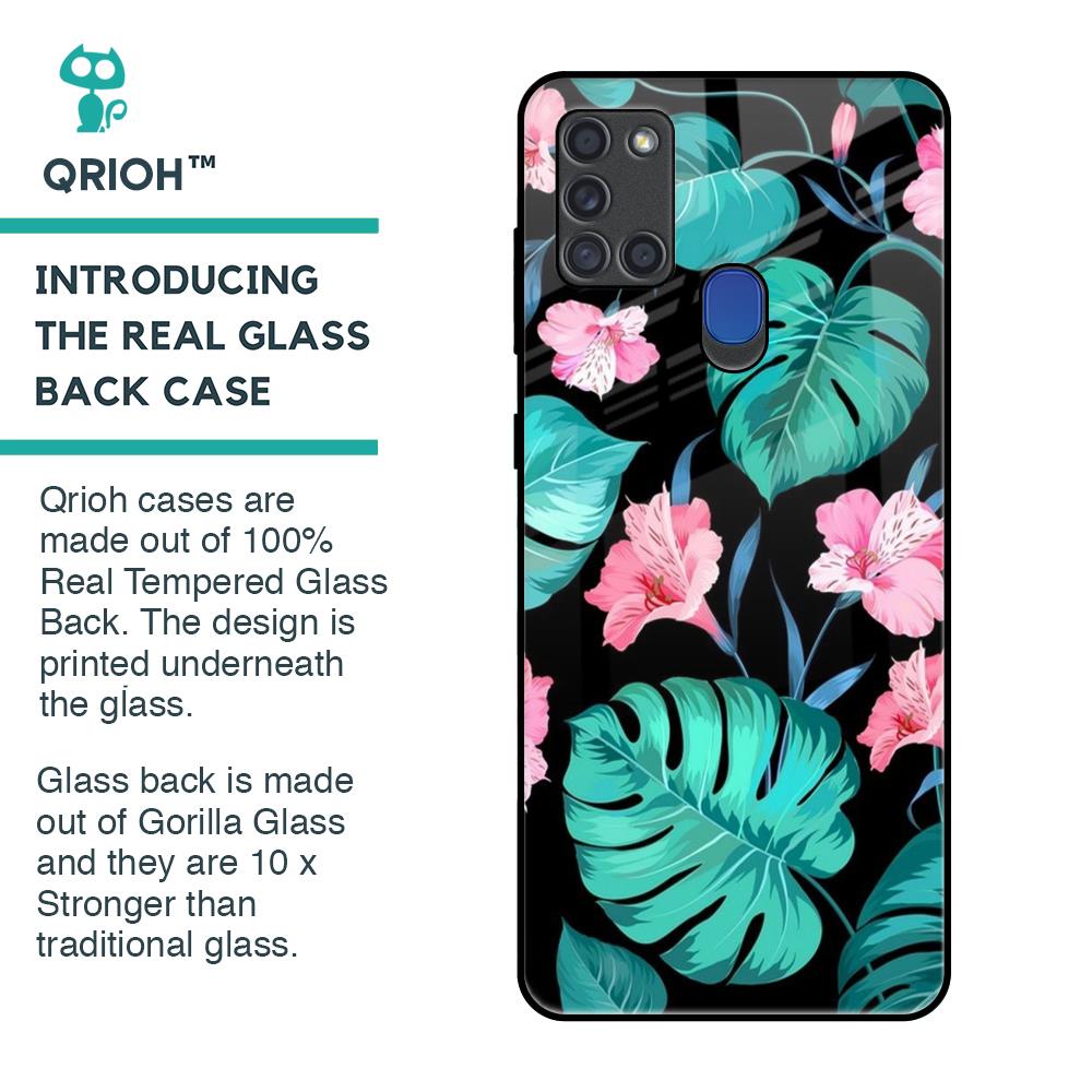 Tropical Leaves & Pink Flowers Glass Case for Samsung A21s
