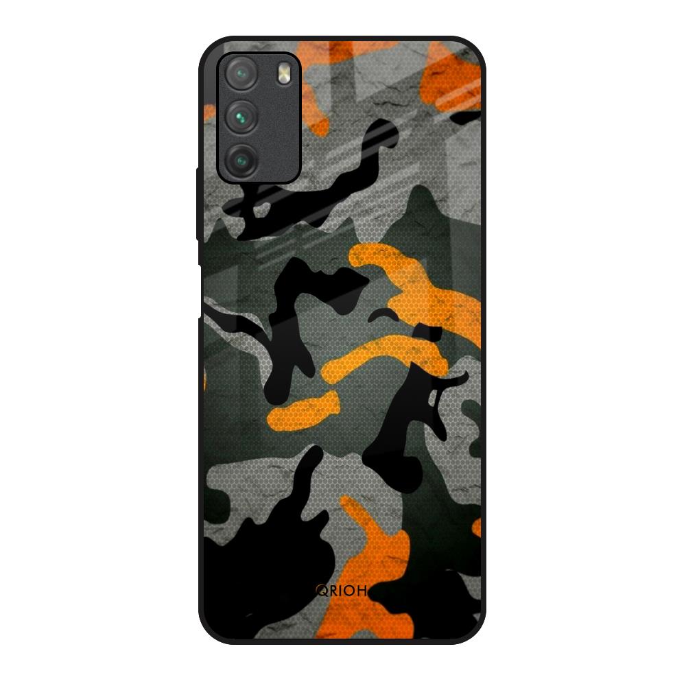 Camouflage Orange Poco M3 Glass Back Cover Online