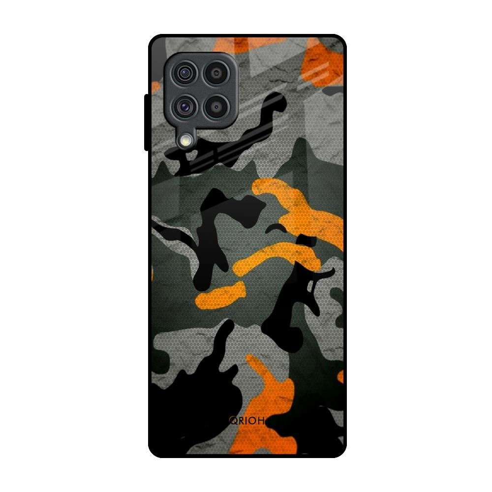 Camouflage Orange Samsung Galaxy F62 Glass Back Cover Online