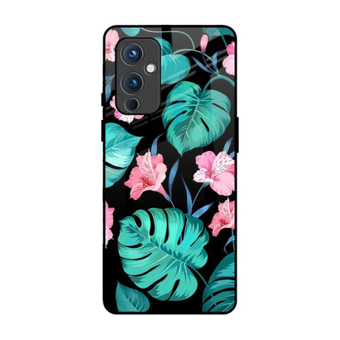 Tropical Leaves & Pink Flowers OnePlus 9 Glass Back Cover Online