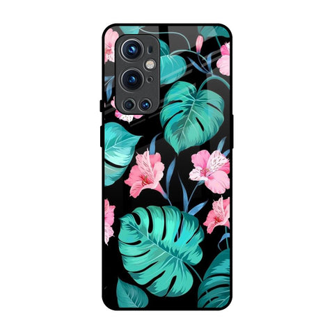 Tropical Leaves & Pink Flowers OnePlus 9 Pro Glass Back Cover Online