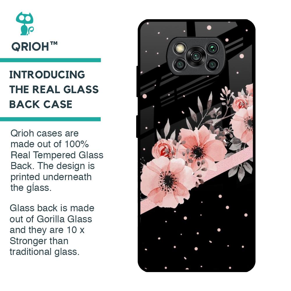Floral Black Band Glass Case For Poco X3 Pro