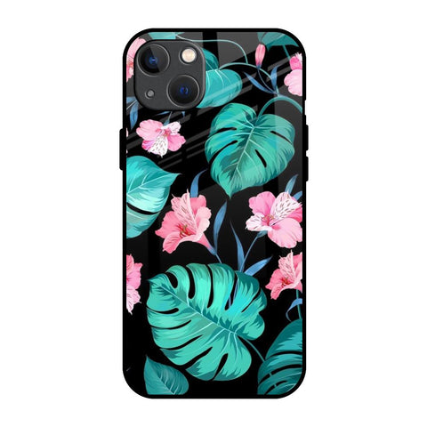 Tropical Leaves & Pink Flowers iPhone 13 Glass Back Cover Online