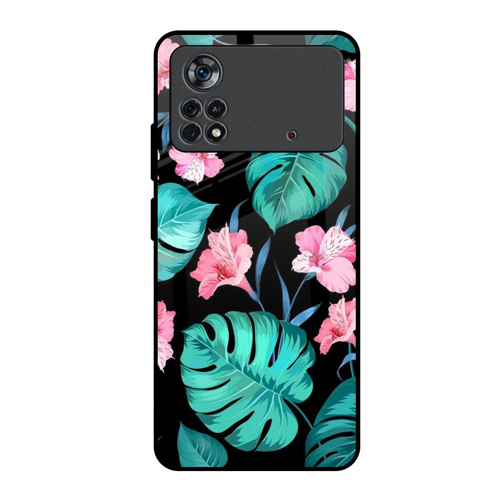 Tropical Leaves & Pink Flowers Poco X4 Pro 5G Glass Back Cover Online