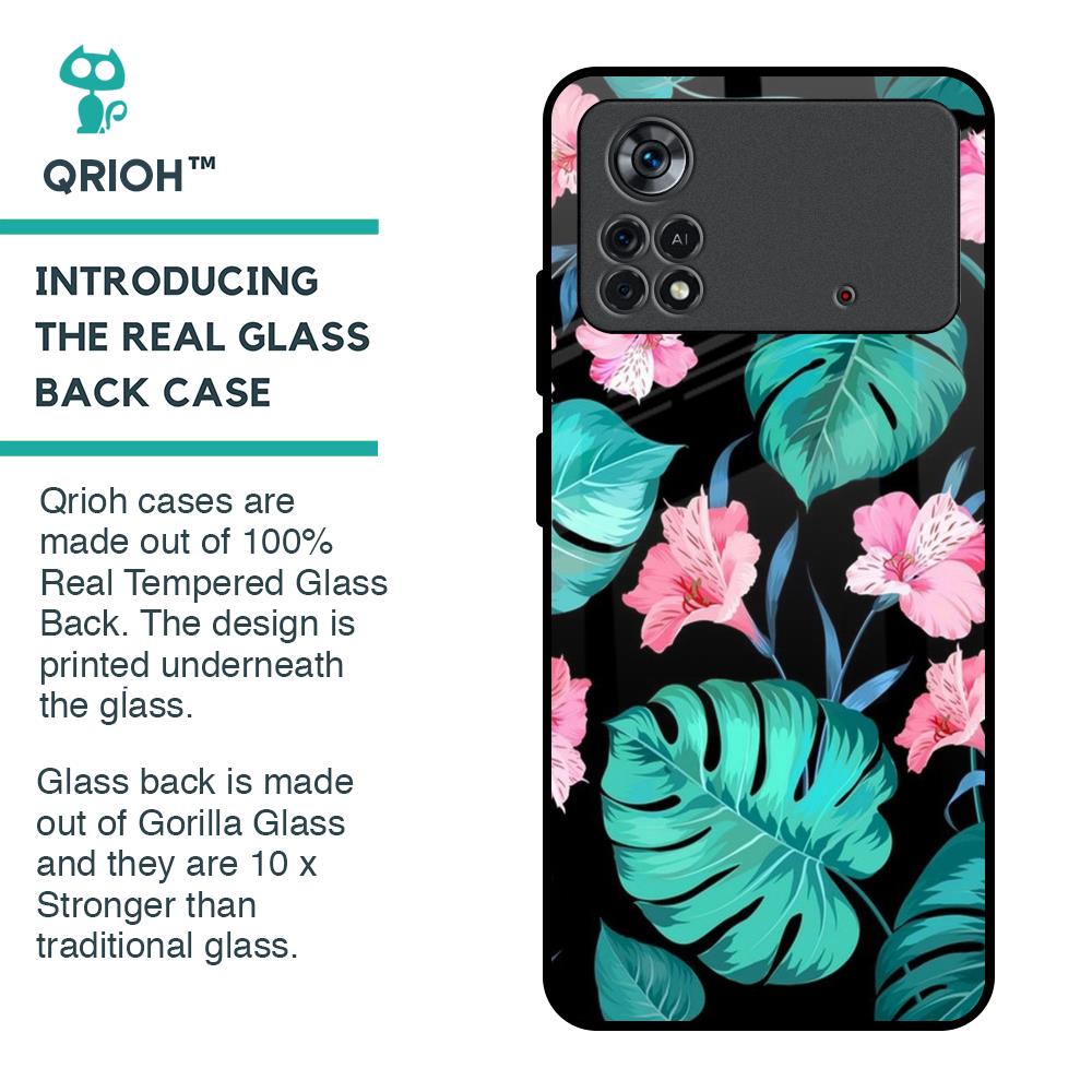 Tropical Leaves & Pink Flowers Glass Case for Poco X4 Pro 5G