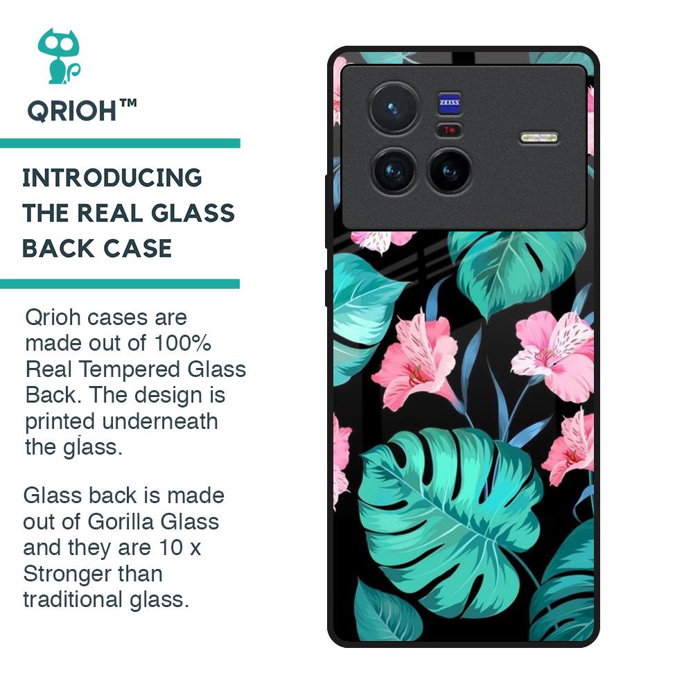 Tropical Leaves & Pink Flowers Glass Case for Vivo X80 5G