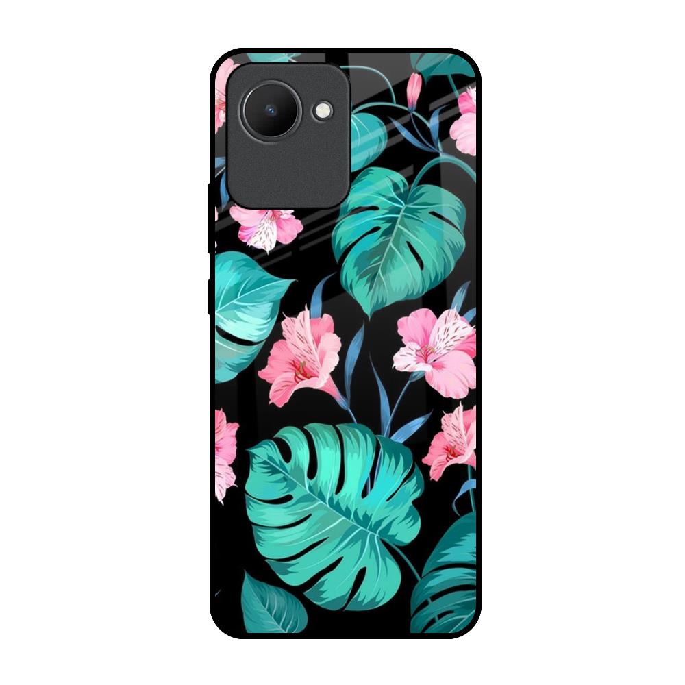 Tropical Leaves & Pink Flowers Realme C30 Glass Back Cover Online