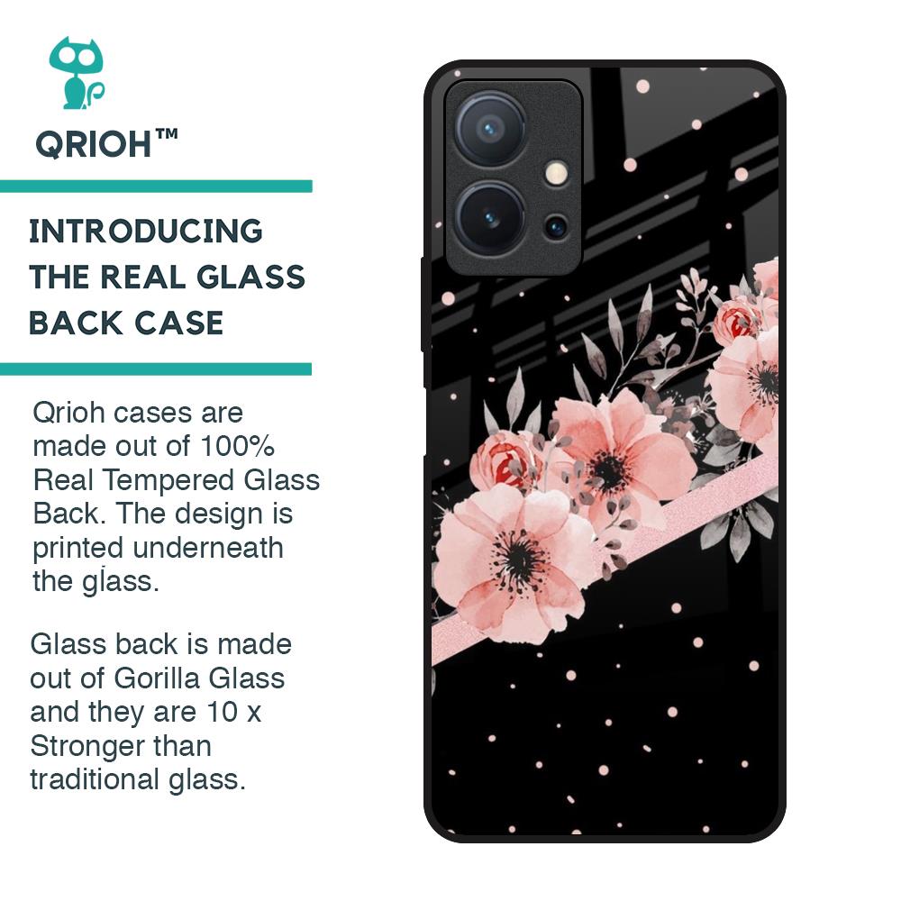 Floral Black Band Glass Case For Vivo T1 5G