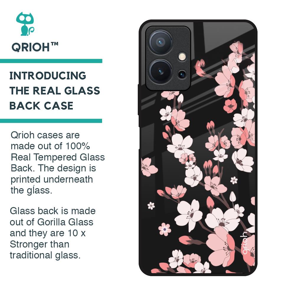 Black Cherry Blossom Glass Case for Vivo T1 5G