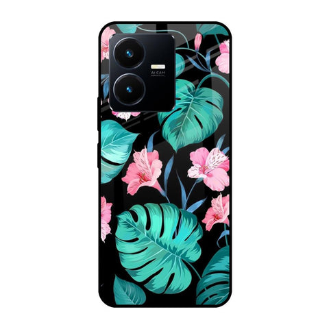Tropical Leaves & Pink Flowers Vivo Y22 Glass Cases & Covers Online
