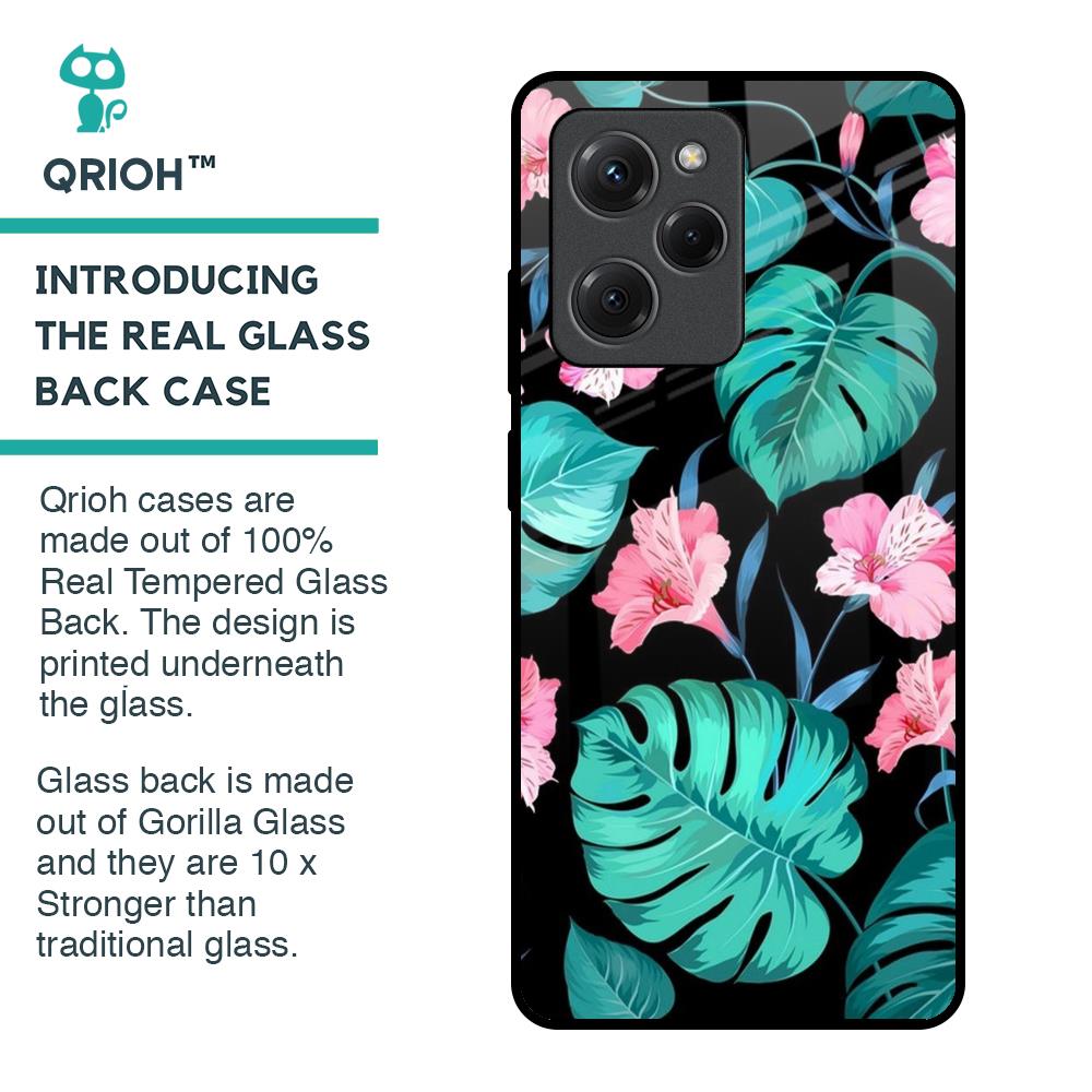 Tropical Leaves & Pink Flowers Glass Case for Poco X5 Pro 5G