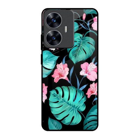 Tropical Leaves & Pink Flowers Realme C55 Glass Back Cover Online