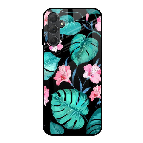 Tropical Leaves & Pink Flowers Samsung Galaxy M14 5G Glass Cases & Covers Online