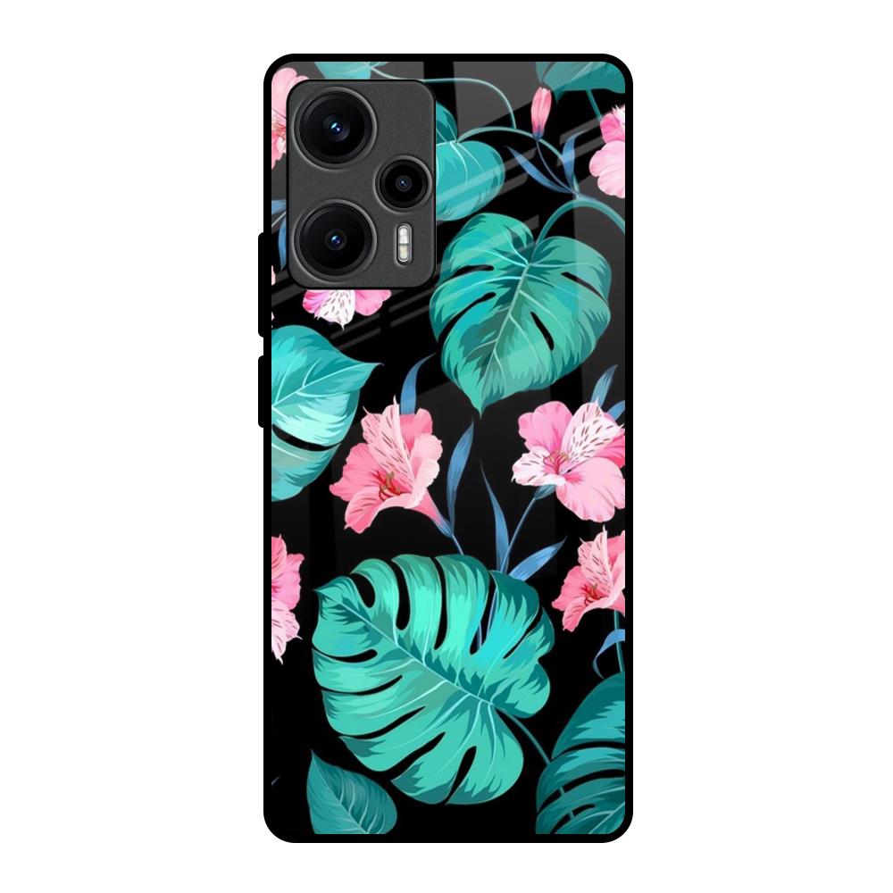 Tropical Leaves & Pink Flowers Poco F5 5G Glass Back Cover Online