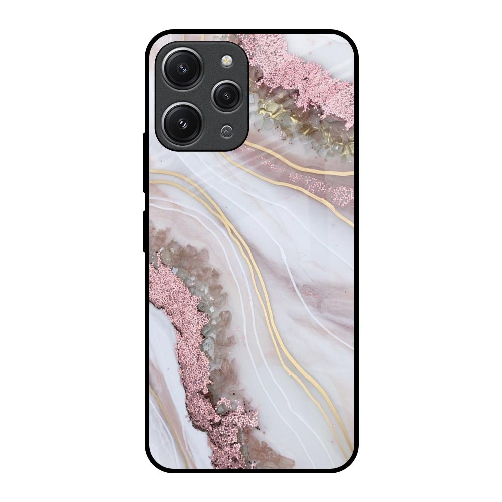 Pink & Gold Gllitter Marble Redmi 12 Glass Back Cover Online